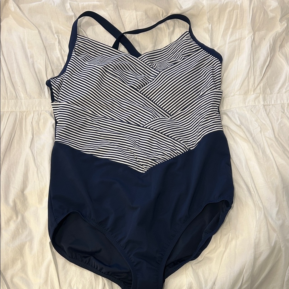 Lands' End Navy & White Striped One-Piece Swimsuit